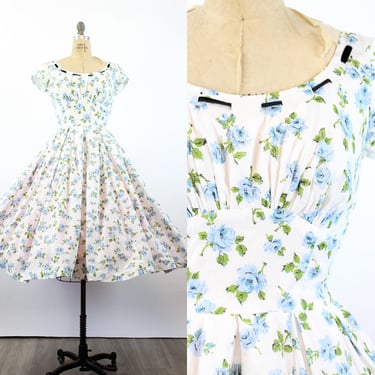1950s BLUE ROSE cotton dress small | new summer 