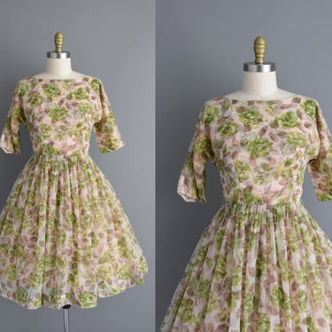 1950s vintage dress | Green & Brown Floral Print Layered Chiffon Full Skirt Dress | Small | 50s dress 