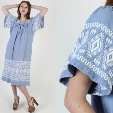 Blue Guatemalan Tent Dress / Aztec Print Bell Sleeve Dress / Cotton Zig Zag Striped / Embroidered Mexican Woven Midi Dress With Pockets 