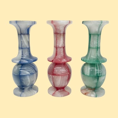 Vintage Marble Vase Set Retro 1990s Contemporary + Checkered + Blue/Red/Green + Set of 3 + Bud + Modern Home Decor + Bookshelf Decoration 