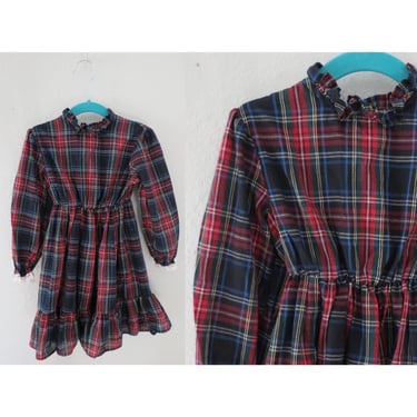 Vintage Toddler Girls Plaid Dress - Long Sleeve Fall Winter Holiday Dress - Lace Trim - 1980s 80s - Size 4T 