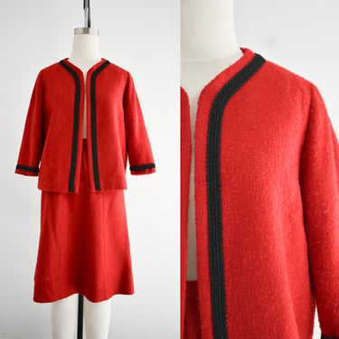 1960s Red Wool Blend Boucle Skirt Suit 