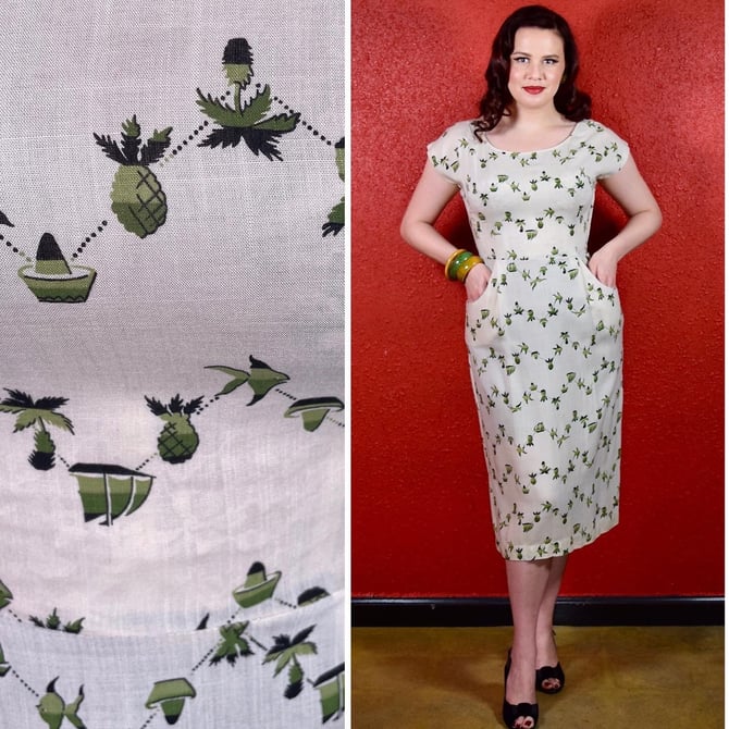 1950s Tropical Print Sheath Dress 