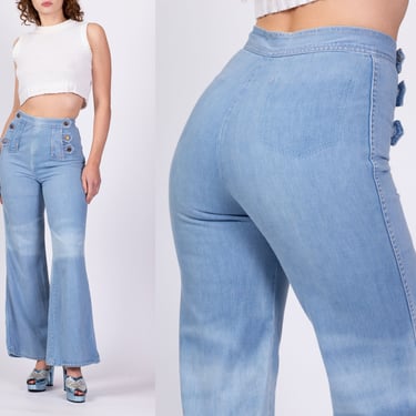 70s Faded Double Button Sailor Jeans Small, 26" | Vintage Boho High Waisted Light Wash Denim Flares 