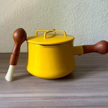 Vintage Dansk Enamelware by Jens Quistgaard, Kobenstyle Yellow Teak Wood Handle, Enamel Butter Warmer or Sauce Pot with Lid and rare brush 