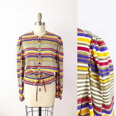 SIZE S 70s Colorful Striped Blouse / 70s Nipon Peplum Drawstring Waist Shirt / Vintage Stripe Top Long Sleeve Ruffle Puff Sleeve Bold 