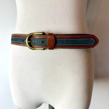 70’s 2 tone blue & brown striped belt~ Groovy Suedo suede material Denim look with vinyl~ 1970’s Large belt~ size 34”-40” 