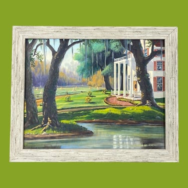 Vintage Allen Tabor Painting 1960s Retro Size 25x31 Southern Home + Acrylic on a Hardboard + Trees + On the Water + 20th Century Art + Decor 