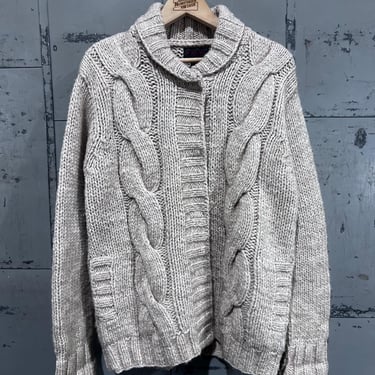 90’s Ralph Lauren Cream Wool Cable Knit shawl collar cardigan Sweater size medium Fisherman’s Style hand knit thick heavy 