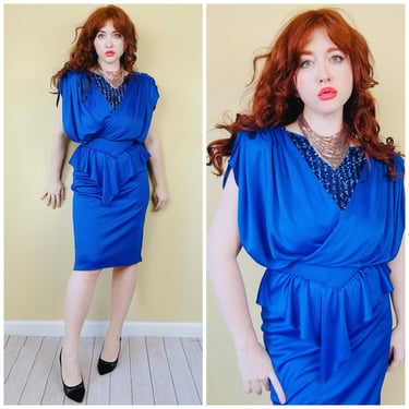 1980s Vintage Ruched Blue Wiggle Dress / 80s Sequin Wrap Belted Peplum Dress / Size Small - Medium 