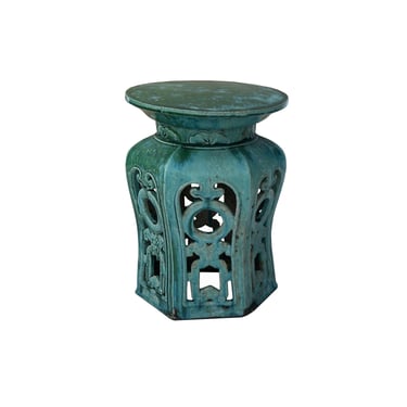 Chinese Turquoise Blue Hexagon Coins Clay Ceramic Garden Stool ws3523E 