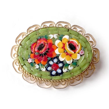 Antique Italian Micro Mosaic Brooch, Oval Mosaic Brooch, Brass Filigree Setting, Vintage Floral Jewelry, Red, Yellow Roses in Green Setting 