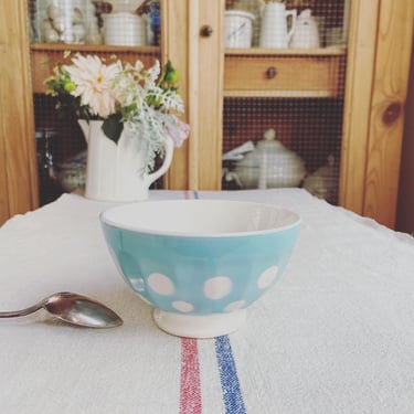 Beautiful vintage French ironstone cafe au lait bowl with blue white polka dots 