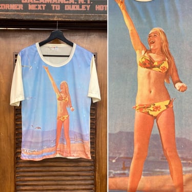 Vintage 1960’s Mod Beach Tiki Photoprint Bikini Girl Knit T-Shirt, 1960’s Shirt, 60’s Vintage Clothing 