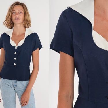 Nautical Blouse 80s Navy Blue Button Up Shirt White Sailor Collar Top Retro Short Sleeve Peplum Blouse Pinup Vintage 1980s Extra Small xs 