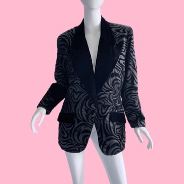 1980s Vintage Zebra Velvet Tuxedo Designer Evening Blazer, Andrea Jovine Designer Jacket Size 12 