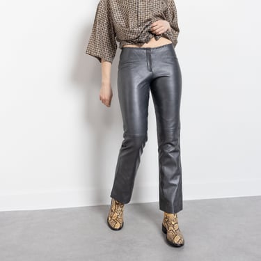 SILVER LEATHER PANTS Flares Metallic Vintage 90's Low Rise Leather Trousers Women Pewter / 38.5 Inch Hips / Size 6 