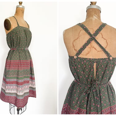Vintage ‘70s bohemian floral print sundress | soft cotton Indian flower border print smock dress, apron dress, XS 