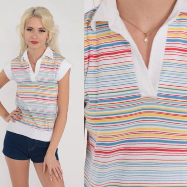 70s Striped Shirt White Collared Top Cap Sleeve Rainbow Blouse Retro Preppy Buttonless Polo Mod Red Blue Yellow Vintage 1970s Small S 