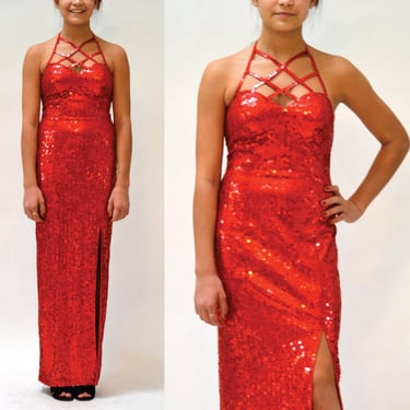 90s Vintage Red Sequin Dress Small// Vintage Red Sequin Evening Gown Dress size Small Pageant Dress 