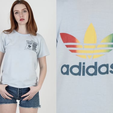 1980s Adidas Trefoil T Shirt / 2 Double Sided Logo Tee / Vintage 80s White Rock Marathon / Rainbow Sponsored Shirt M 