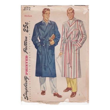 Vintage 1947 Simplicity Sewing Pattern 2172, Men's Robe in Two Styles - Shawl or Notched Collar, Patch Pockets, Medium 38-40 Chest 