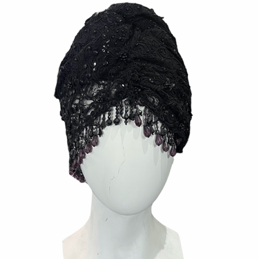 Kokin 80s Black Lace Turban with Beaded Fringe