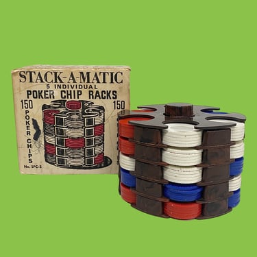 Vintage Poker Chip Rack Retro 1960s Mid Century Modern + Stack-A-Matic + Elwood Industries + 5 Sets + 150 Chips + Game Night + Man Cave Fun 