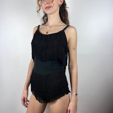 Vintage 60s 50s Black Fringe Swimsuit / 1950s 1960s Bathing Suit One Piece / Medium Large XL / Pin Up VLV Playsuit Summer / Pinup Rockabilly 