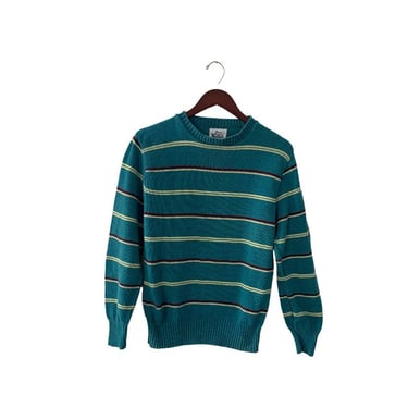 Vintage Woolrich 100% Cotton Teal Striped Crewneck Sweater, Made in USA 