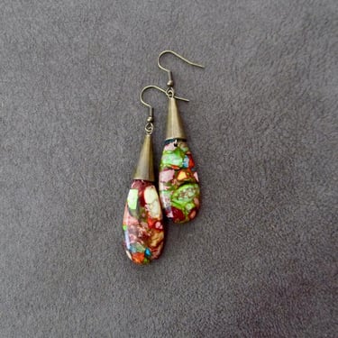 Mosaic marble stone earrings, mid century modern earrings, statement earrings, multicolor imperial jasper earrings, tear drop earrings 