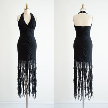 black silk dress 90s y2k vintage sexy beaded fringe halter mini dress 