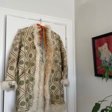 1970s Mongolian Fur Coat with Embroidered Hide size X-Small Small 