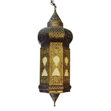 Large Moroccan Brass and Glass Pierced Hanging Lantern Swag Lamp 