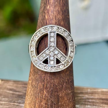 Sterling Silver Crystal Peace Sign Ring Size 5.5 Vintage Retro Hippie Boho Fashion 