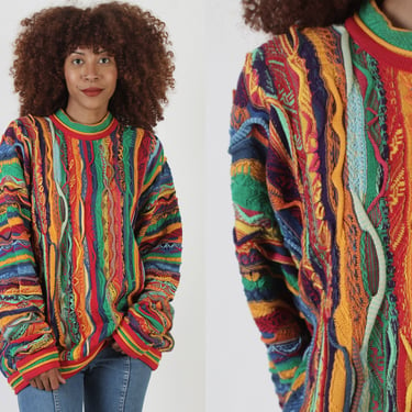 Coogi Australia 3d Chill Wave Sweater, Vintage 90s Biggie Hip Hop Jumper, Abstract Knitted White Label XL 