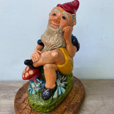 Vintage Garden Gnome, Elf Sitting Near Mushroom, Painted Plaster Gnome, Indoor Garden Room Decor, Scandinavian Decor, Concrete Statue 