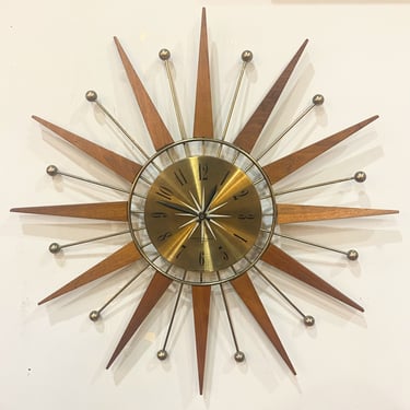 Iconic Triangular Teak & Brass Starburst Westclox Wall Clock
