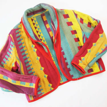 Vintage 90s Colorful Striped Blanket Jacket M - 1990s Multicolor Memphis Design Southwest Boxy Knit Jacket - Shawl Collar Artsy Bold 