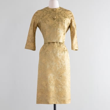Glamorous 1950’s Golden Olive Brocade Cocktail Dress and Matching Jacket / M