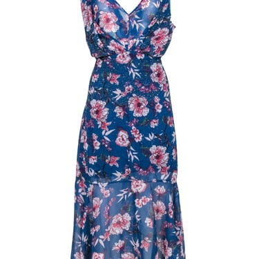 Rana Gill - Blue Floral Print Beaded Sleeveless Formal Dress Sz 10
