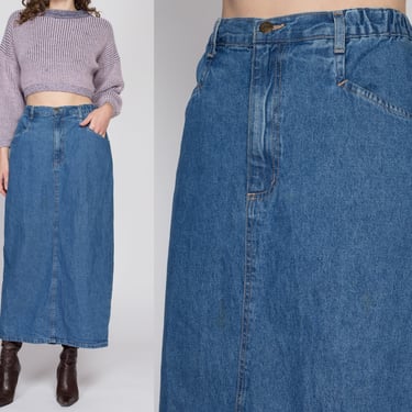 Large 90s Denim Maxi Skirt 30"-33" | Vintage High Waisted Medium Wash Elastic Jean Skirt 