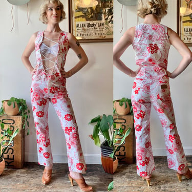 1960s Red &amp; White Floral Grommet 2-pc Pantsuit (XS/S)