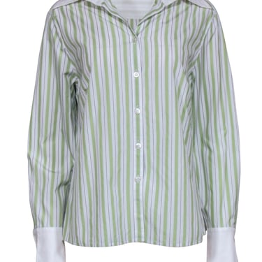 Escada - Green & White Striped Cotton Button-Up Blouse Sz 14