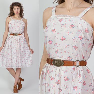 70s Boho Butterfly & Floral Print Midi Sundress - Medium | Vintage Lace Trim Sleeveless Fit Flare Summer Dress 