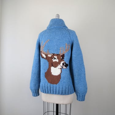 Vintage cardigan sweater, hand knit, Cowichan style, zip front, chunky, deer, buck, size medium, large 
