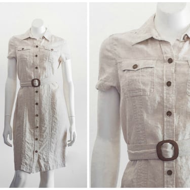 Vintage Linen Shirt Dress with Short Sleeves and Belt 