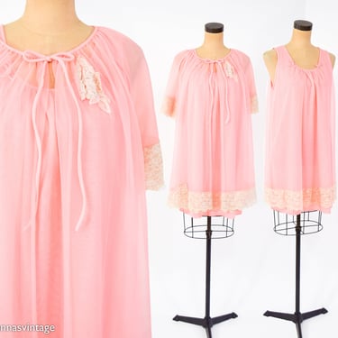 1960s Pink Nylon Peignoir Set | 60s Apricot Nylon Peignoir | Short Peignoir | Medium 