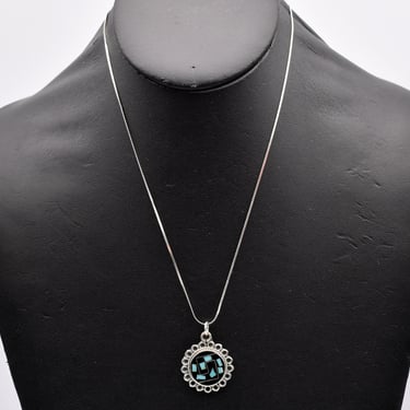70's Southwestern turquoise onyx sterling flower pendant, mosaic 925 silver serpentine chain necklace 