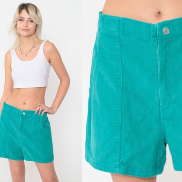 Green Corduroy Shorts 80s Retro Surf Shorts Patch Pockets High Waisted Retro 1980s Vintage Athletic Summer Shorts Weeds Medium 